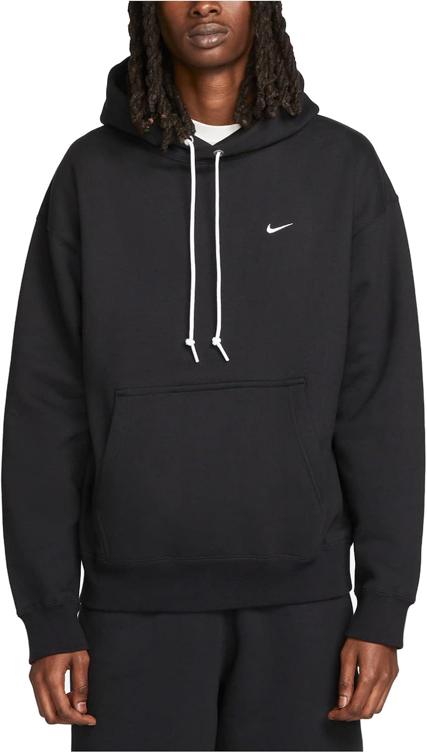 Black Fleece Pullover Hoodie with Solo Swoosh by Nike, Black/White