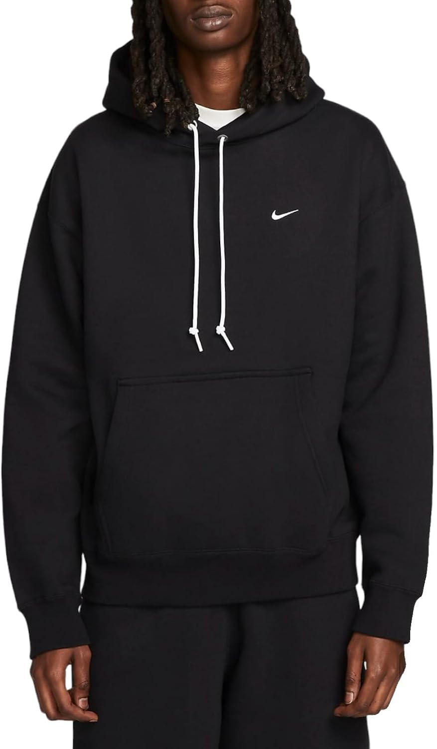 Black Fleece Pullover Hoodie with Solo Swoosh by Nike, Black/White