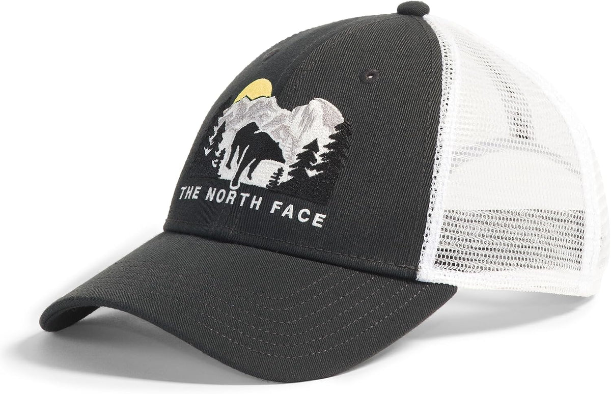 The North Face Embroidered Mudder Trucker - Breathable Baseball Cap for &, Classic Fit Mesh Back Hat for Summer, Light Grey Heather/Bear Graphic