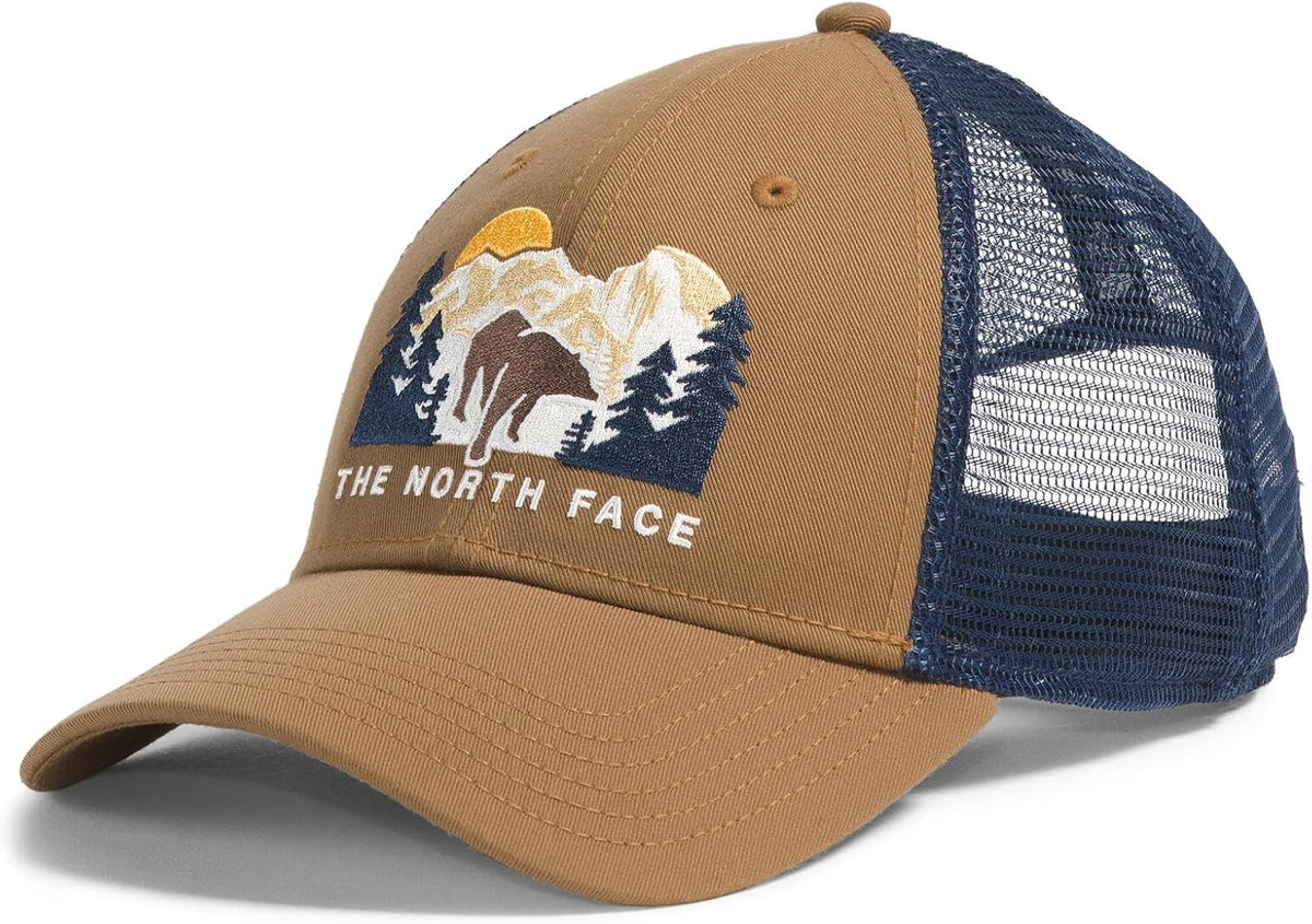 The North Face Embroidered Mudder Trucker - Breathable Baseball Cap for &, Classic Fit Mesh Back Hat for Summer, Light Grey Heather/Bear Graphic