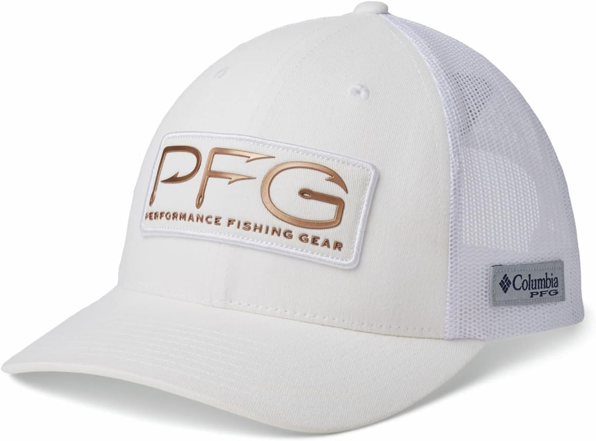 Columbia PFG Logo Ball Cap, Breathable, Adjustable, White/PFG Hooks, One Size (1723291)