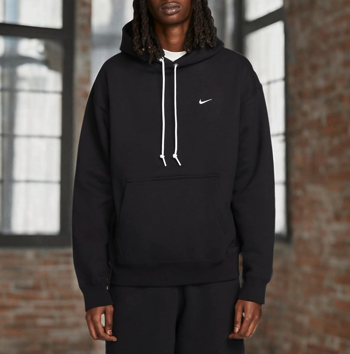 Black Fleece Pullover Hoodie with Solo Swoosh by Nike, Black/White