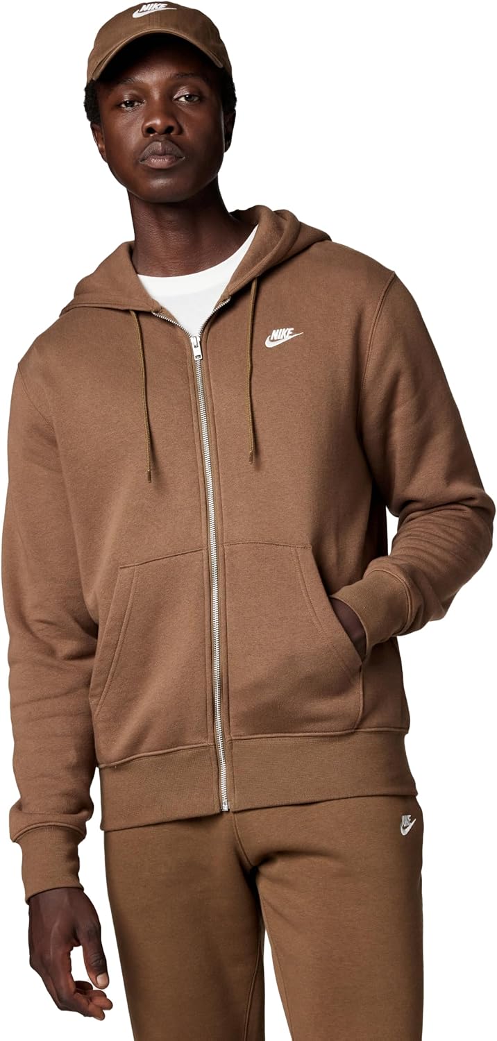 Nike Club Full-Zip Fleece Hoodie, Mosswood Brown/Mosswood Brown/White