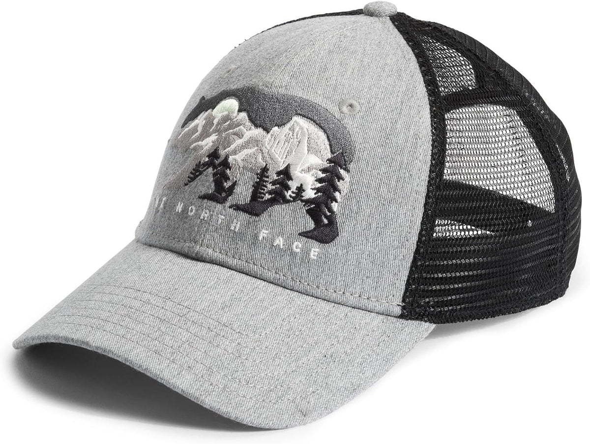 The North Face Embroidered Mudder Trucker - Breathable Baseball Cap for &, Classic Fit Mesh Back Hat for Summer, Light Grey Heather/Bear Graphic